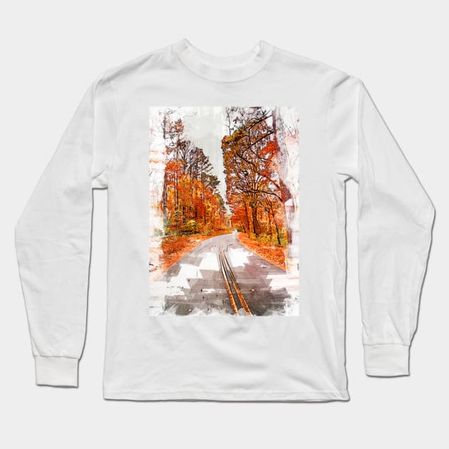 Scenic Autumn Drive Marker Sketch Long Sleeve T-Shirt by ColortrixArt